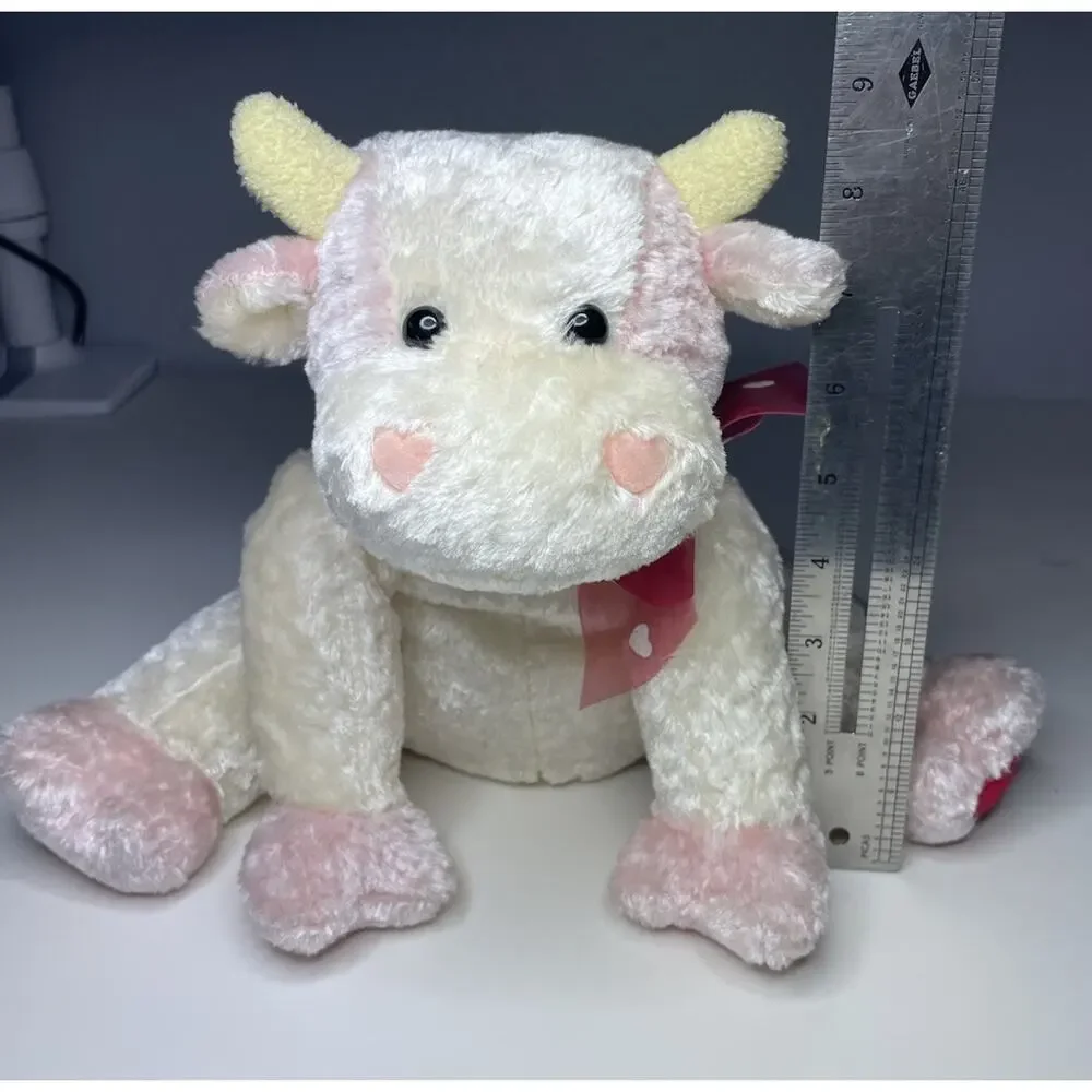 Vintage Walmart Pink Cow Plush 9” White Cream Valentines Heart Bow Pastel Floppy